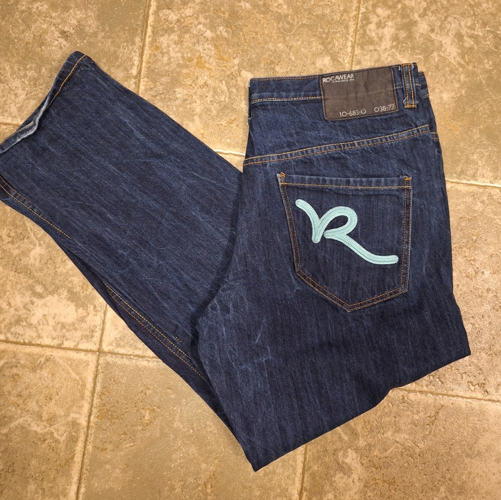 Vintage Skater Wide Leg Jeans Rocawear Dark Wash Baggy Denim Rap  Y2K 40x31